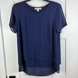 Michael Kors Women's Navy Layered Mesh Blouse Top Detailed Back Size L e